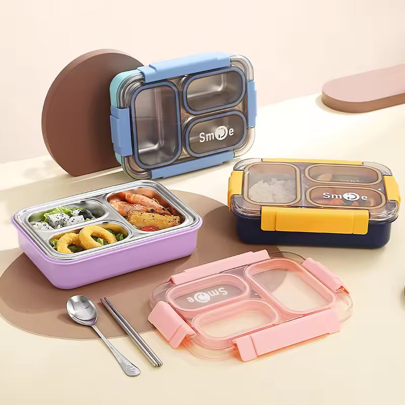 Smile Insulated 3 Grid Lunch Box, 3 Portion Bento Lunch Container, School Kids Stainless Steel Tiffin Box Smile Insulated 3 Grid Lunch Box, 3 Portion Bento Lunch Container, School Kids Stainless Steel Tiffin Box